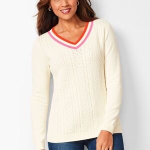 Talbots V-Neck Cream Sweater with Pink and Red POINTELLE